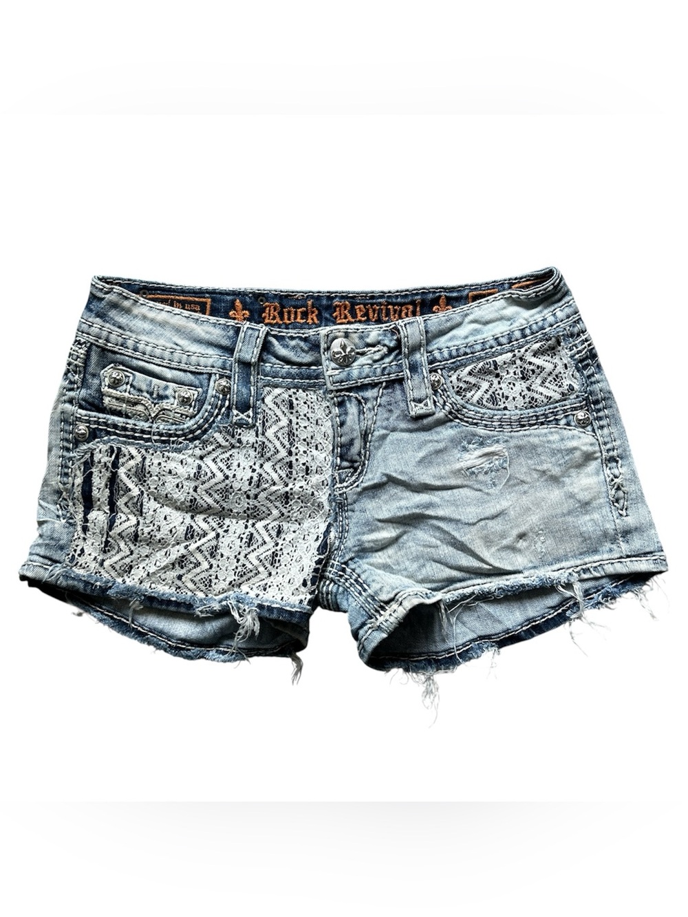 Y2K Grunge “Rock Revival” Light Wash Lace Trim Low Rise Denim Shorts